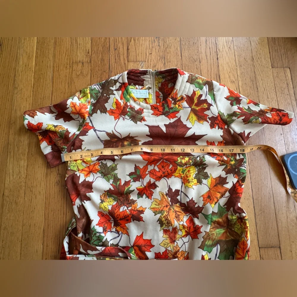 70s Vintage Fall Leaf Novelty Print Dress Sz M - Picture 8 of 12